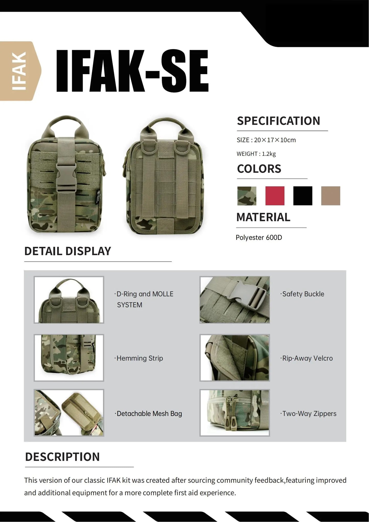 Se ifak trauma first aid kit tactical medical pouch 20x17x10cm polyester 600d - product image