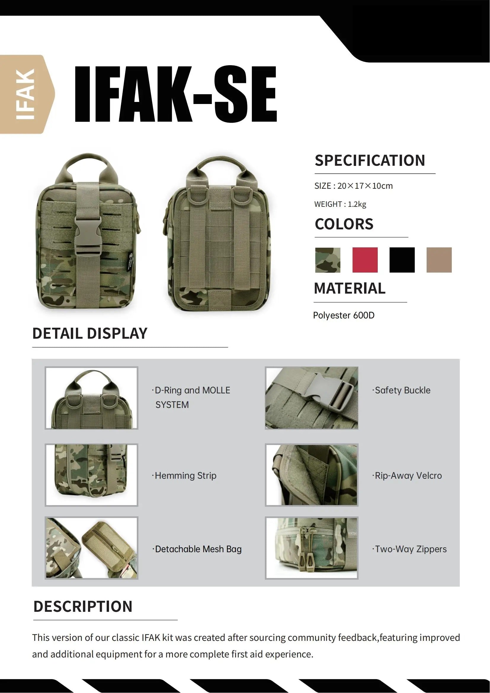 Se ifak trauma first aid kit tactical medical pouch 20x17x10cm polyester 600d - product image